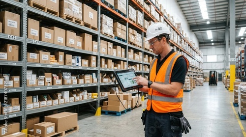 Warehouse worker in high-visibility vest using tablet to manage inventory on shelves filled with cardboard boxes