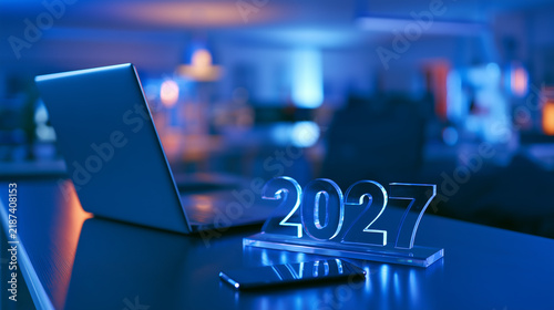 Futuristic 2027 business technology workspace with laptop and smartphone representing artificial intelligence digital marketing innovation and future strategy. 
