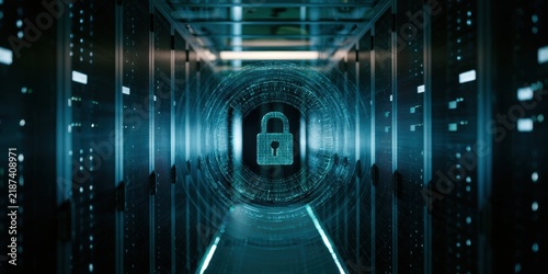 Digital Padlock Securing Data Center Servers: Cybersecurity & Information Protection