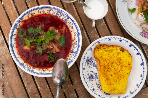 red borscht with potato bread