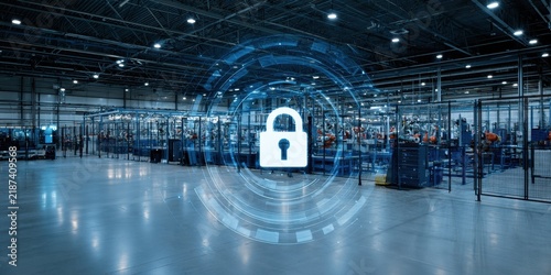 Industrial Cyber Security Concept with Digital Lock Overlay in Modern Smart Factory