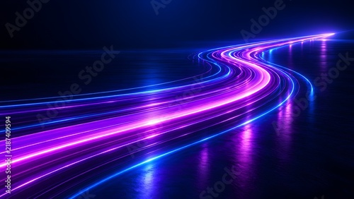 Fast moving neon pink and blue light streaks on a dark glossy surface representing high speed digital data transfer