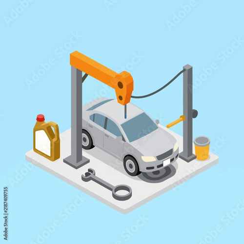 Isometric Illustration of a Silver Car on a Hydraulic Vehicle Lift in an Auto Repair Shop with Engine Oil Container and Wrench Tools for Automotive Service and Maintenance