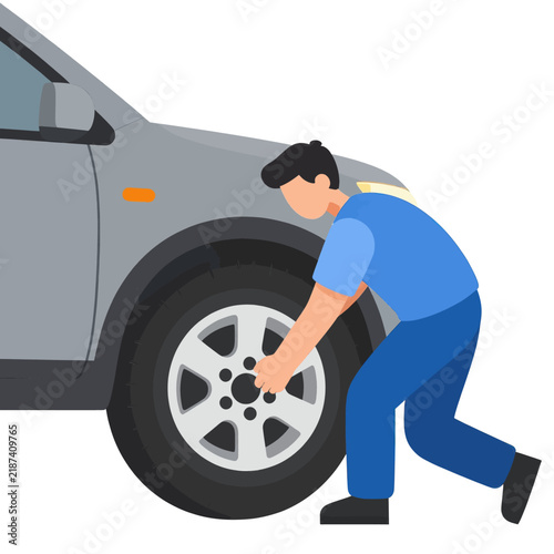 Professional mechanic or auto technician working on changing a car tire on a silver vehicle, illustrating vehicle maintenance and roadside repair service in a flat vector illustration style