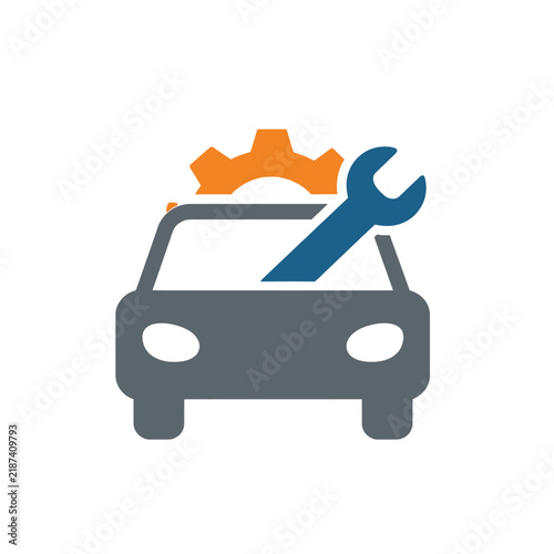 Minimalist Car Repair Icon Featuring a Vehicle Silhouette with a Wrench and Gear Symbolizing Automotive Service, Mechanical Maintenance, and Professional Garage Repair Concept