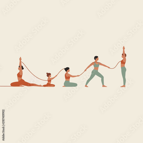 Diverse Group of Women Performing Yoga Poses and Stretching Exercises Together in a Minimalist Flat Illustration for Wellness and Mindful Lifestyle Concept on Plain Background