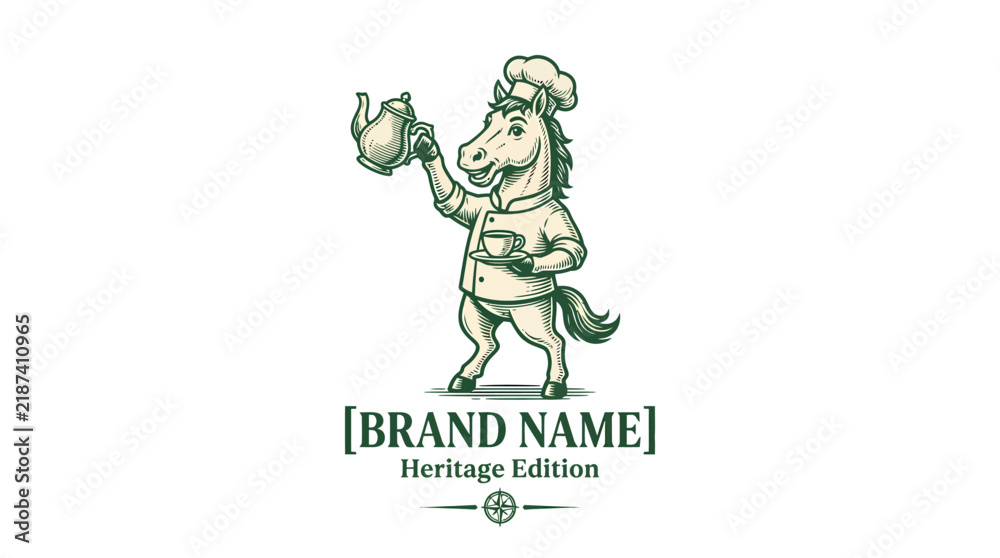 Fototapeta premium Vintage style logo illustration of a horse chef holding a teapot.