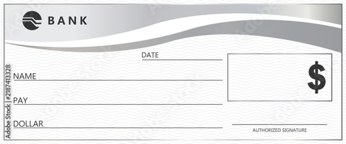Bild auf Leinwand Blank cheque template vector design with silver gradient border, wave patterns, bank logo, and dollar sign for financial transactions and business payment concepts isolated on white background