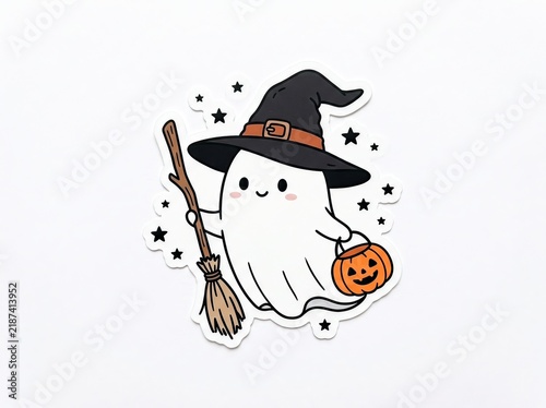 Cute cartoon ghost wearing a witch hat and holding a broomstick and a jackolantern bucket isolated on white background