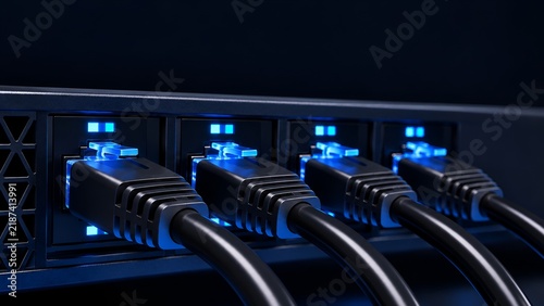 Obraz w ramie Network switch with connected ethernet cables and blue lights