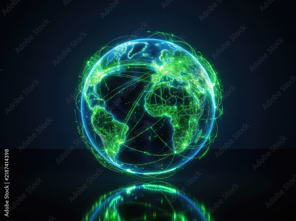 Fototapeta premium A conceptual visualization of a digital Earth glowing with a global network of green light streaks, connections, and reflections on a sleek surface, high-tech, science, futuristic