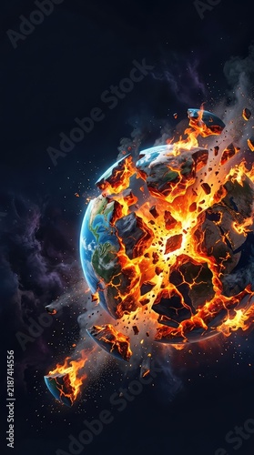 A dramatic illustration of planet Earth consumed by fire and shattering into fragments, symbolizing the climate crisis for environmental use, apocalypse, environmental, urgent