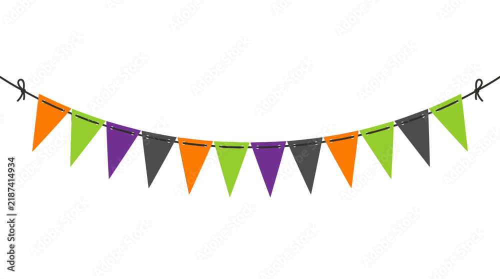 Fototapeta premium Halloween bunting banner with orange purple and green triangular flags on white background