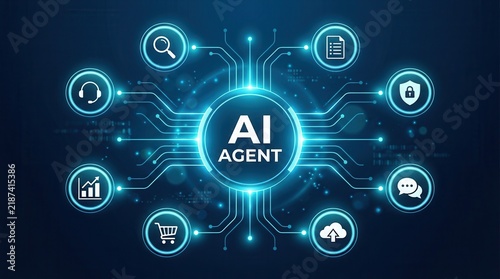 Elegant glowing AI agent node connecting to various digital services and cloud storage.
