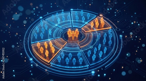 Digital pie chart illustrating market segmentation with glowing orange human figures for targeted demographic audience.
