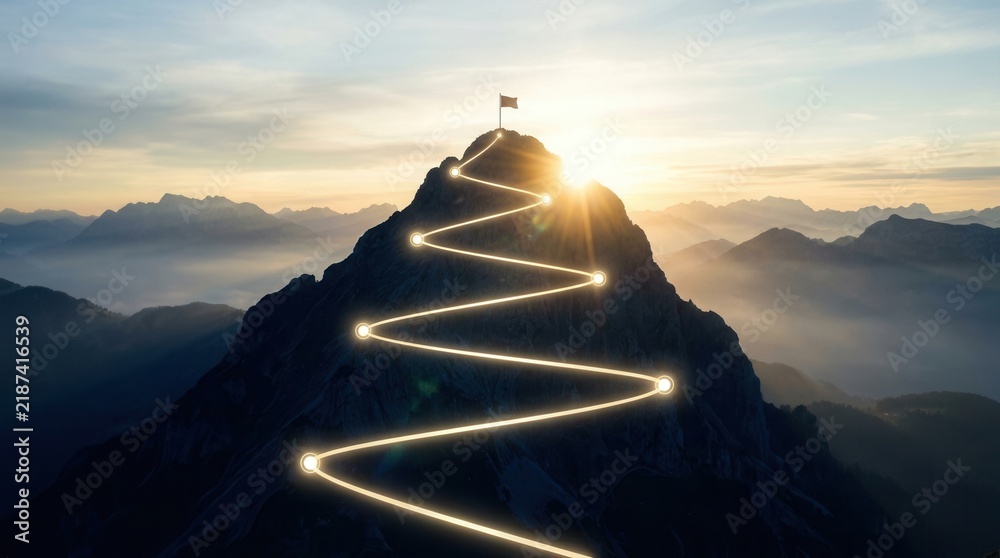 Obraz premium A glowing roadmap leading to a mountain peak representing success and achievement.