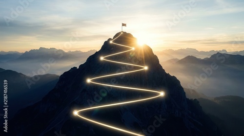 A glowing roadmap leading to a mountain peak representing success and achievement.