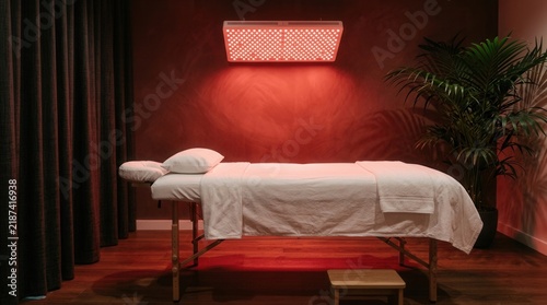 Tranquil wellness spa room featuring a vibrant red light therapy panel above a bed.