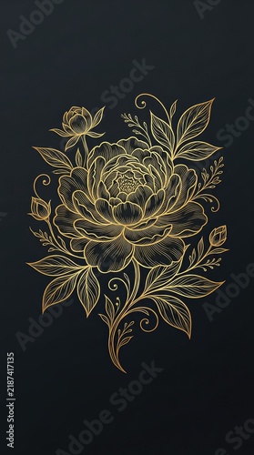 Elegant gold flower line art illustrations for elegant design, featuring detailed floral elements and delicate botanicals on dark background, delicate, digital, style