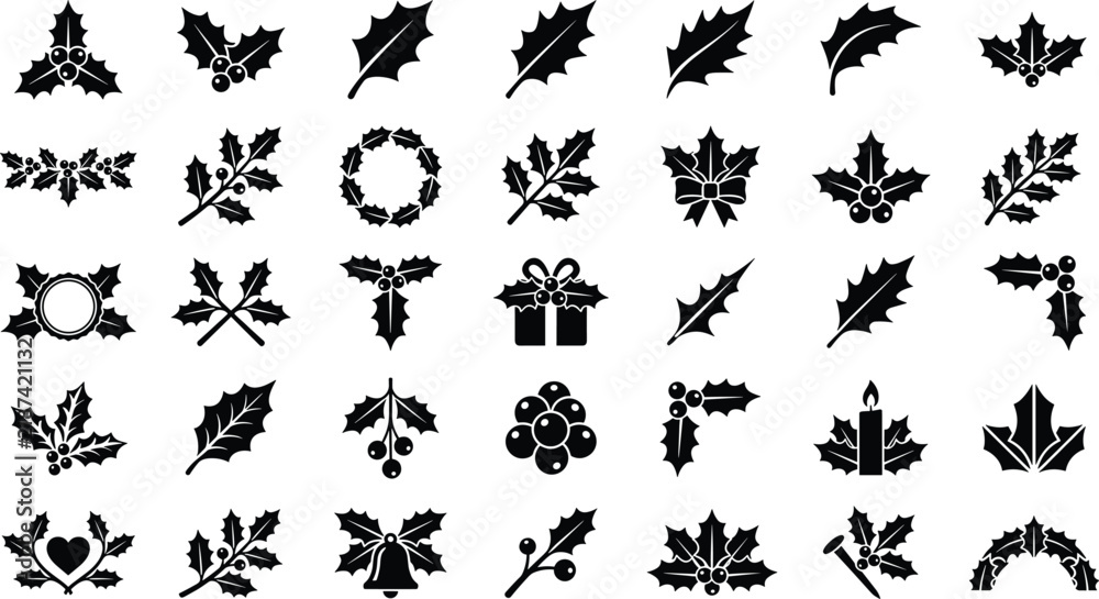 Fototapeta premium Christmas Holly 30 Solid Icons Set, Holly Leaves, Berries, Wreaths, Festive Branches and Holiday Decoration Symbols