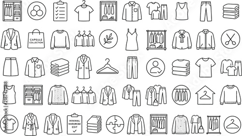 Collection of various clothing and wardrobe organization icons isolated on transparent background