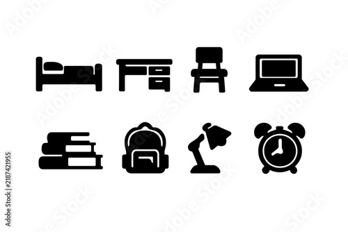 College Dorm Icons. College dorm daily life. Filled icon set of College dorm daily life: bed, desk, chair,