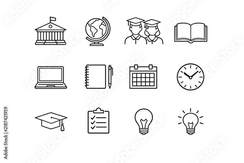 Global University Icons. Global university life. Line outline icon set of Global university life: university