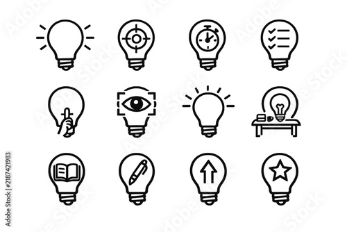 Study Icon Collection. Focused study idea. Line outline icon set of Focused study idea: bulb with focus lines,
