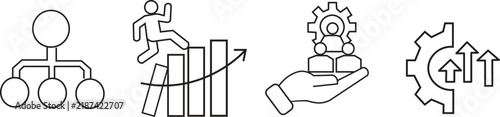 Organizational Structure and Team Management & Corporate Hierarchy and Business Career Growth Thin Line Icon Vector Set.