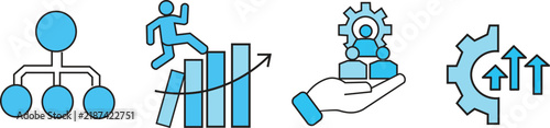 Team Management and Corporate Hierarchy and Business Career Growth Line Icons Vector Set.