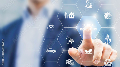 Businessman Working on Laptop with Digital ESG Icons Interface for Sustainable Corporate Investment