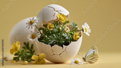 Tiny lush green garden with flowers and butterfly inside cracked eggshell on pastel yellow background