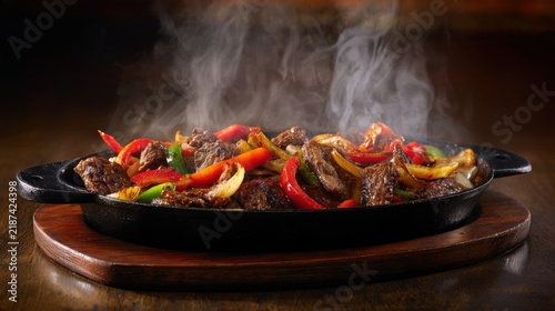 sizzling fajitas served in a black cast iron skillet, colorful roasted peppers and onions, dramatic steam rising, glossy caramelized meat, warm