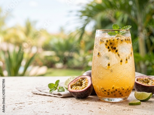 Golden Sparkling Passion Fruit Drink with Fresh Fruit for Tropical Summer Campaign