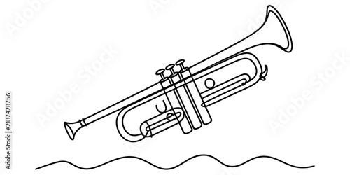 Foto Continuous line drawing of golden brass trumpet musical instrument, symbolizing music, jazz, orchestra, and performance art