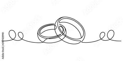Continuous line art of two interlocking wedding rings black outline sketch design for romantic celebration anniversary or marriage themes.