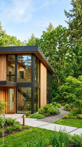 A sleek, modern home with clean lines, large glass windows, and warm wood cladding is surrounded by lush green trees and manicured landscaping, backdrop, style, plants