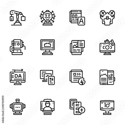 Artificial intelligence interface line icon set displaying smart automation and devices.