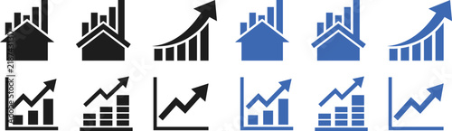 Real estate market growth flat icons set with home and chart symbols vector illustration