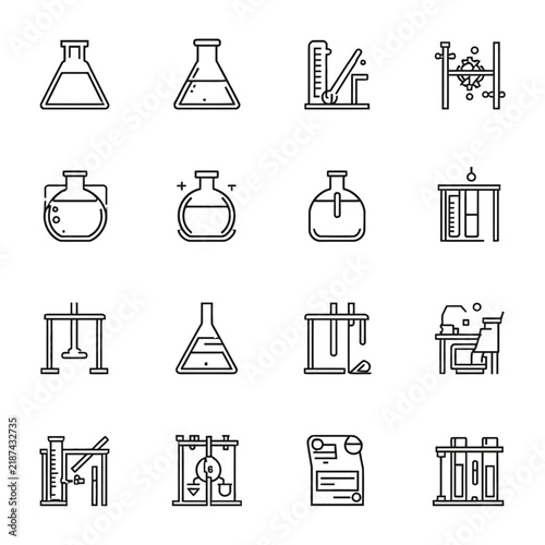 Scientific laboratory equipment icons set featuring glassware tools for chemistry research.