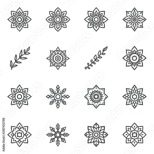 Decorative flower mandala icons collection featuring ornamental shapes for boho designs.
