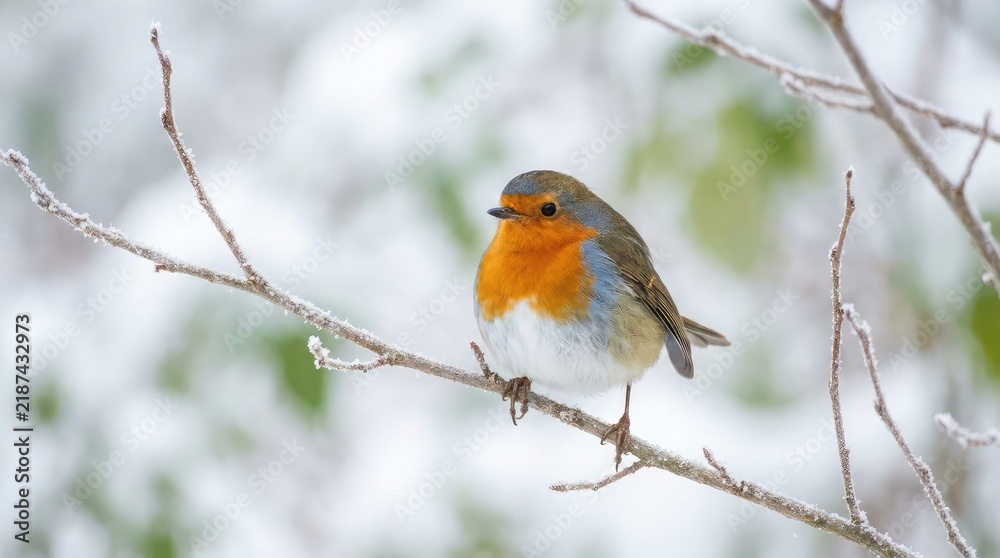 Fototapeta premium European robin perched on a branch in winter with soft background