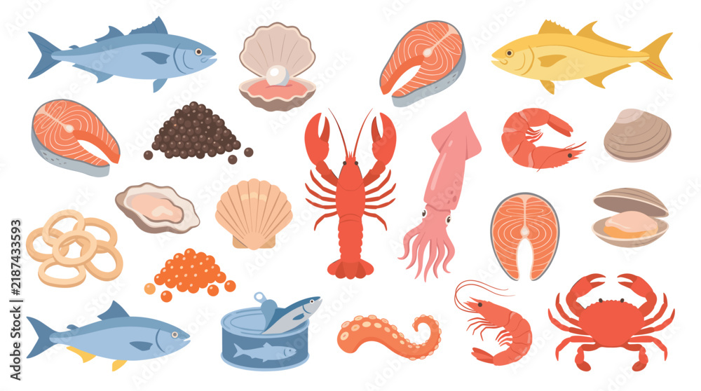Obraz premium Fresh seafood themed element pack with flat style, tuna, salmon, lobster, squid, shrimp, crab, pearl, and caviar