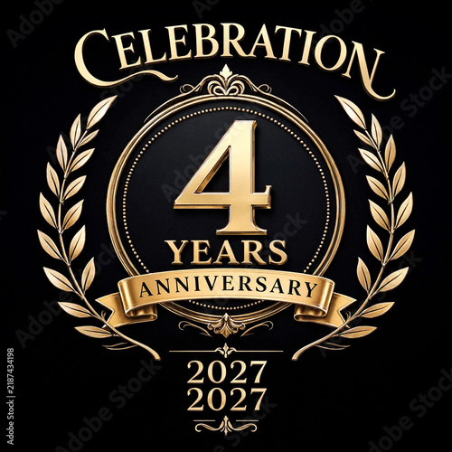 Elegant golden four years anniversary celebration emblem with laurel wreath and decorative banner design