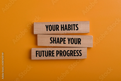 Wooden blocks with a message about habits shaping future progress, symbolizing personal growth, behavior change, motivation, discipline, and positive life development.