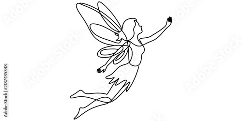 Foto Ethereal continuous line drawing of flying fairy with wings reaching out symbolizing magic imagination fantasy and childhood wonder