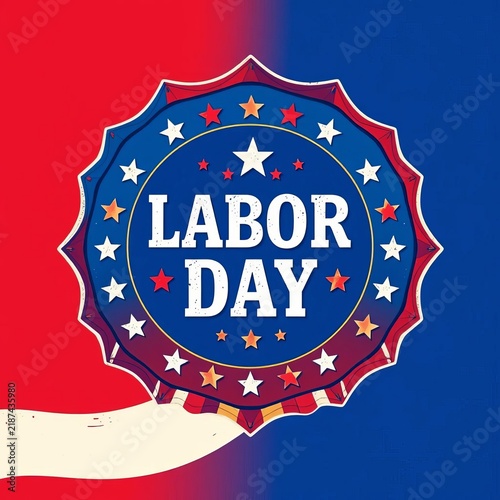 Colorful illustration of a labor day poster with an emblem featuring American flag colors, summer, unity