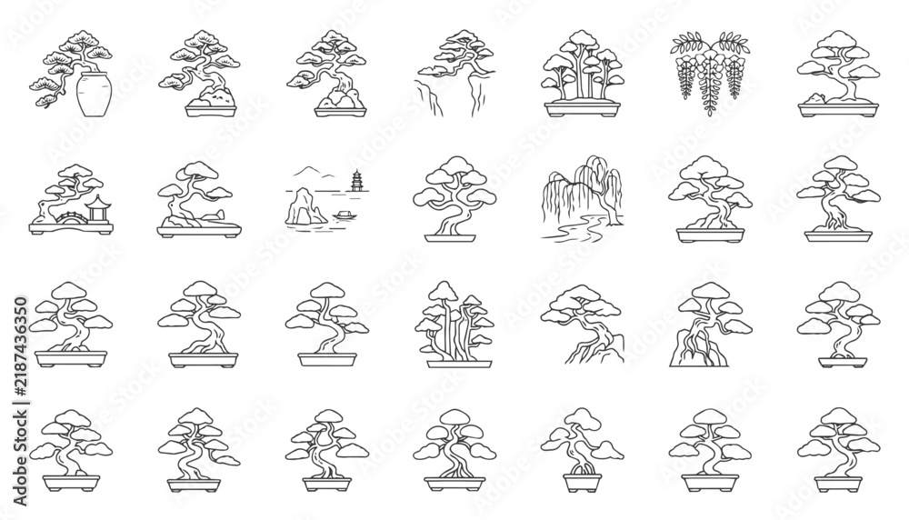 Fototapeta premium A set of black line art icons featuring bonsai and dwarf potted trees in various styles—including rounded canopies, branches trained in the Japanese style, and flowering tree in pots adorned with Tha