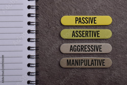 Foto Wooden blocks showing passive, assertive, aggressive, and manipulative communication styles, representing different approaches to behavior, interaction, and interpersonal communication