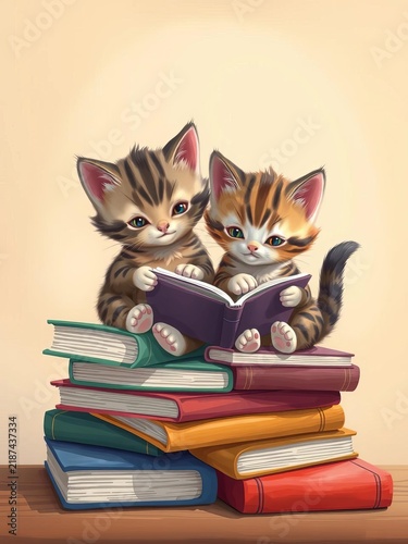 Whimsical illustration of two kittens sitting on a pile of books, reading together, educational, cat lovers
